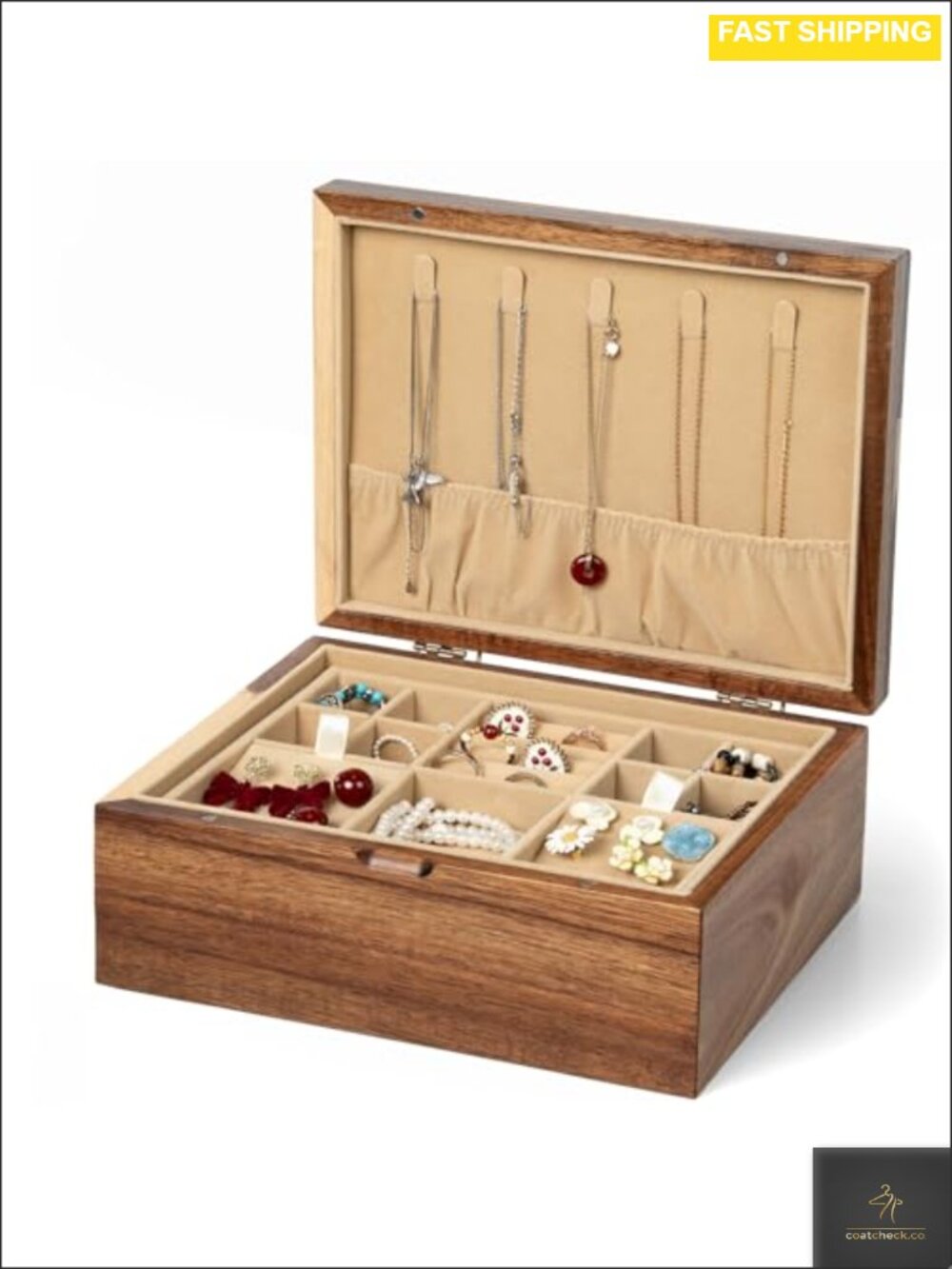 Acacia Wood Jewelry Box Hinged Lid Removable Velvet Tray Organizer
